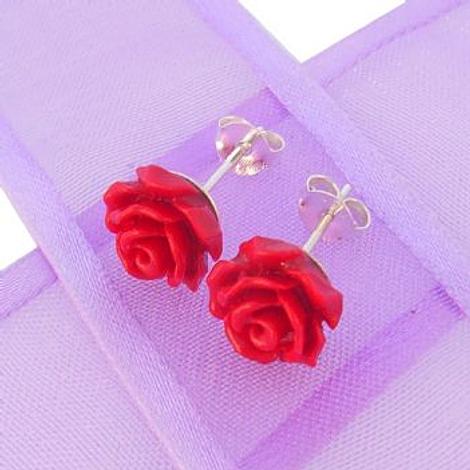 Sterling Silver 12mm Red Rose Flower Stud Earrings