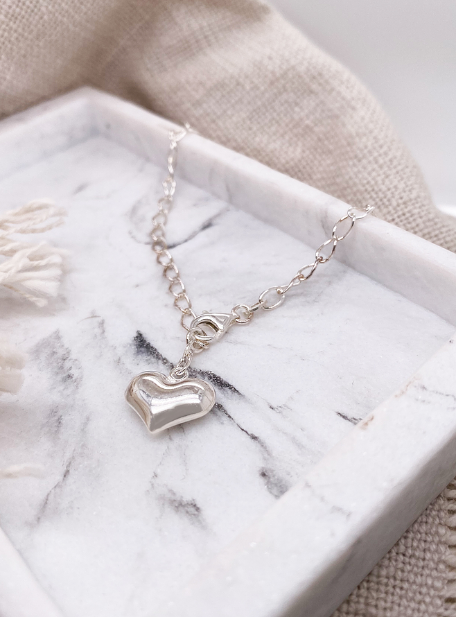 Puffed Heart Charm Curb Bracelet in Sterling Silver