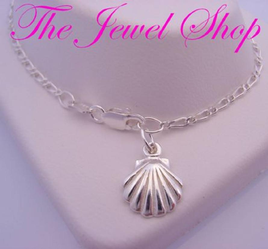 2.6g STERLING SILVER 9mm SHELL CHARM FIGARO ANKLET 27cm