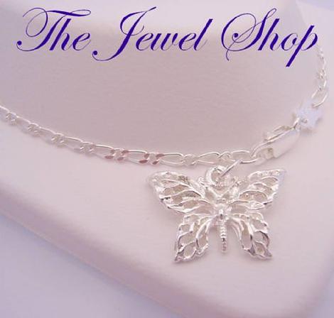 2.9g Sterling Silver 17mm Butterfly Figaro Curb Anklet 27cms