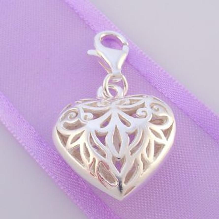 STERLING SILVER 19mm FILIGREE HEART CLIP ON CHARM PMC-P22