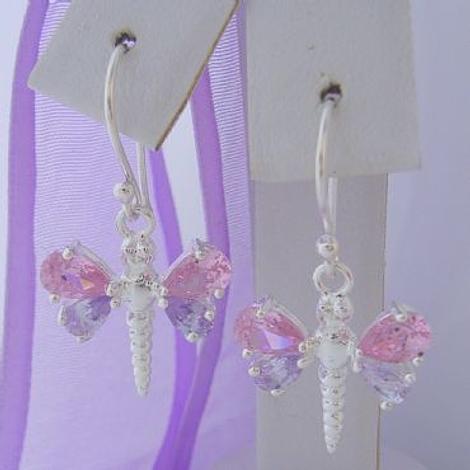 Sterling Silver 16mm Pink Cz Dragonfly Charm Hook Earrings