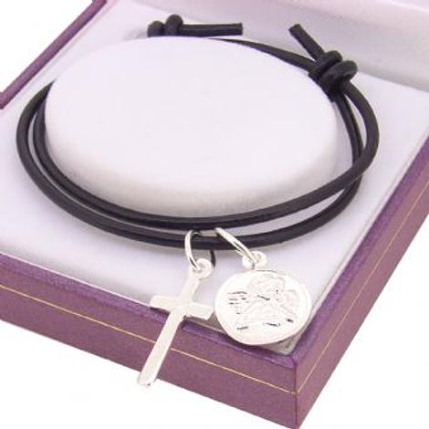 Sterling Silver Guardian Angel and Cross Charm Leather Wrap Bracelet
