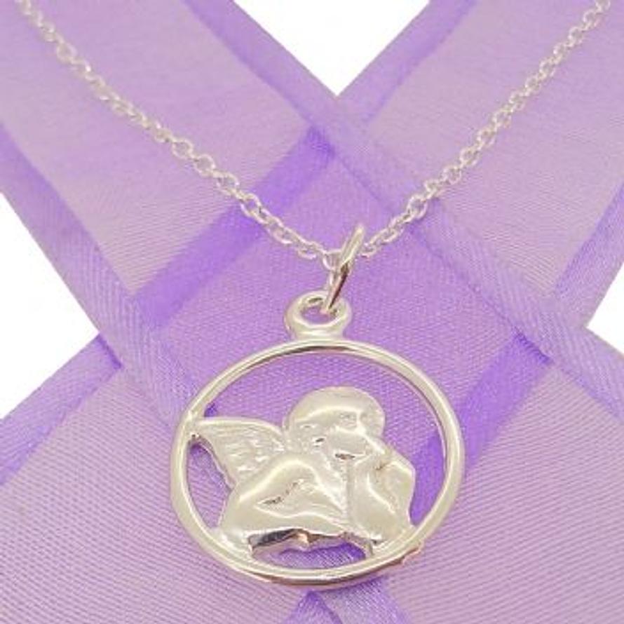 STERLING SILVER 17mm GUARDIAN ANGEL PENDANT NECKLACE -NLET_REL_SS_HR3230-CA40