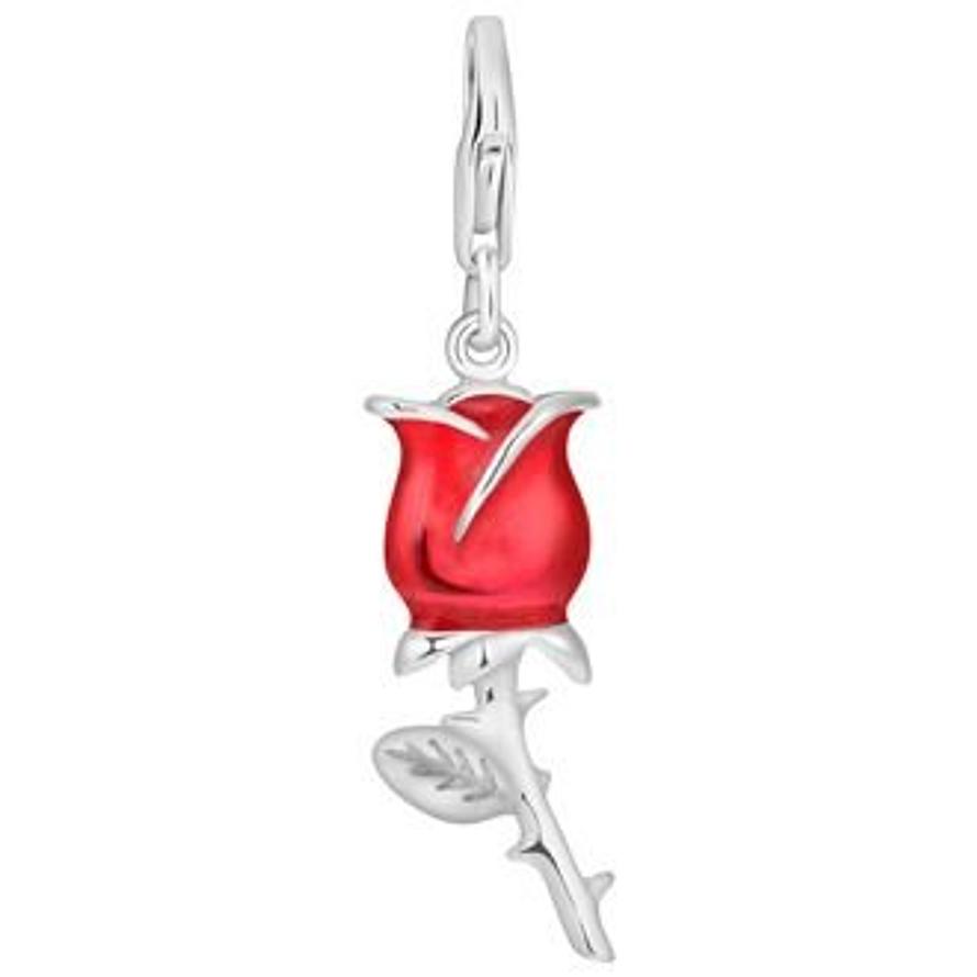 PASTICHE STERLING SILVER RED VALENTINE ROSE FLOWER HOOKED ON CLIP CHARM PENDANT QC210RD