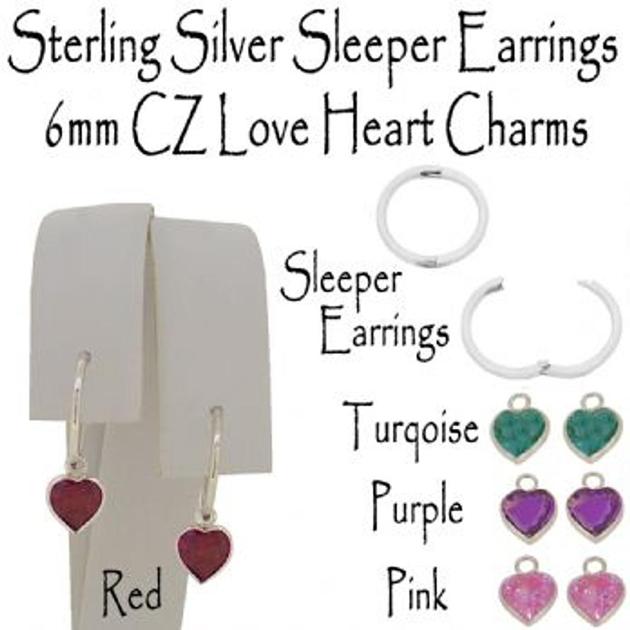 STERLING SILVER 6mm CZ LOVE HEART CHARM SLEEPER EARRINGS