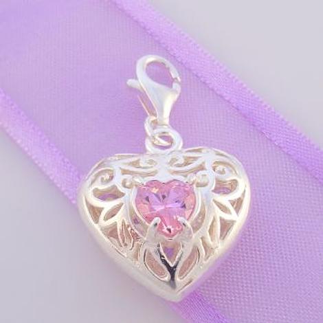 Sterling Silver 19mm Filigree Heart Pink Clip on Charm Pmc-P22 Pink Heart