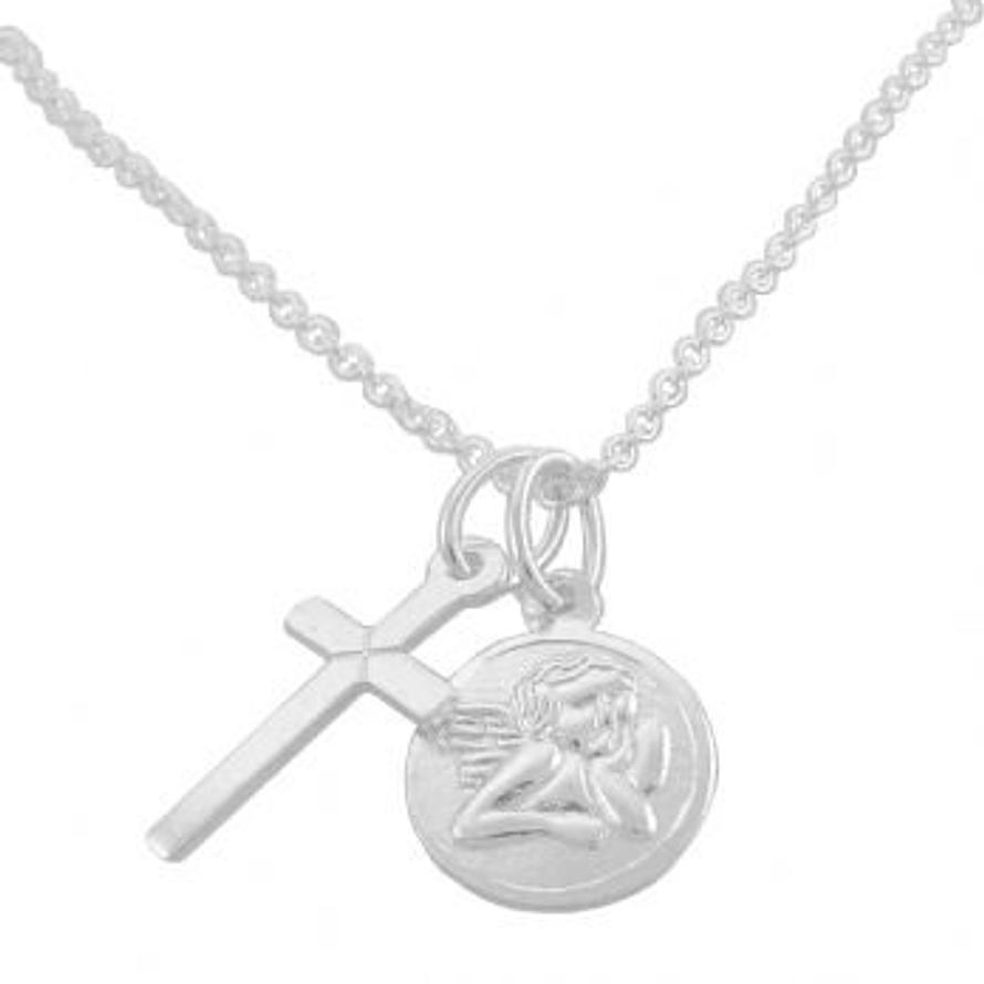 STERLING SILVER GUARDIAN ANGEL AND CROSS CHARM NECKLACE