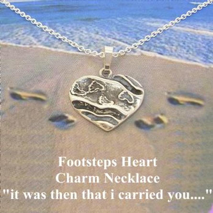 STERLING SILVER FOOTSTEPS IN THE SAND PRAYER HEART CHARM PENDANT NECKLACE - NLET_SS_TI09575-CA40