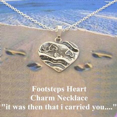 Prayer Heart Charm Pendant Necklace Sterling Silver Footsteps in the Sand