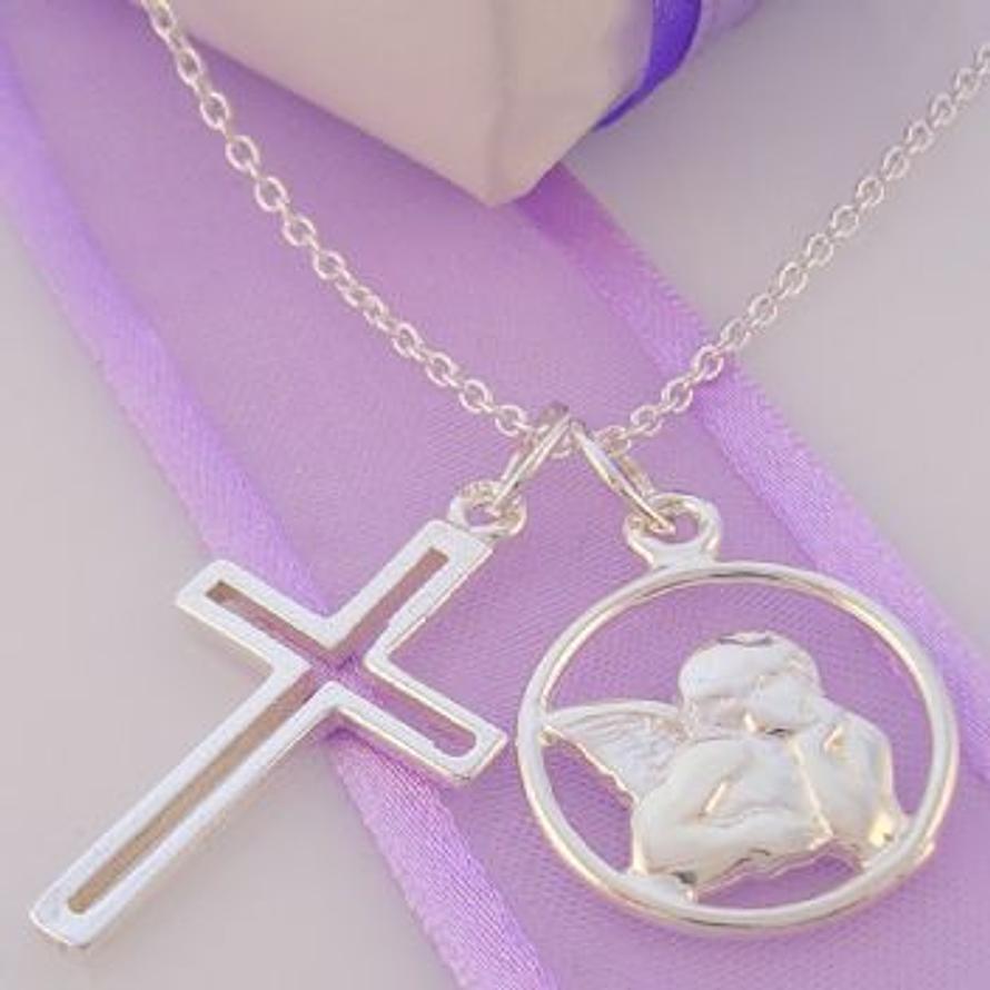 STERLING SILVER 17mm GUARDIAN ANGEL AND CROSS CHARM NECKLACE 50CM -NLET_SS_HR3230-1232