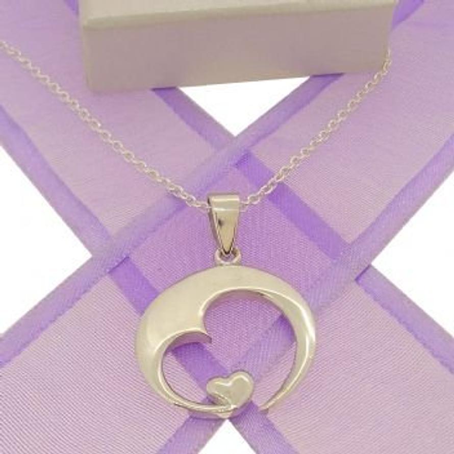 STERLING SILVER CIRCLE HEART CHARM PENDANT NECKLACE -925-KB94-CA40