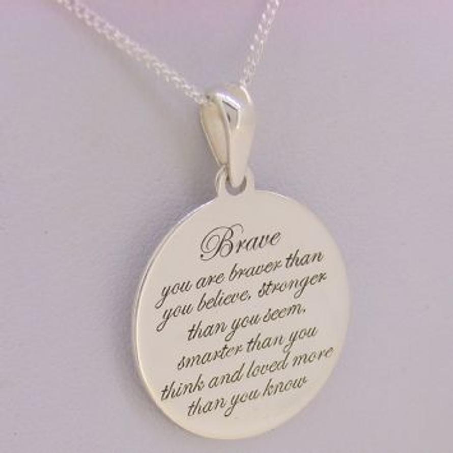 STERLING SILVER 20mm Message Coin Brave CHARM NECKLACE