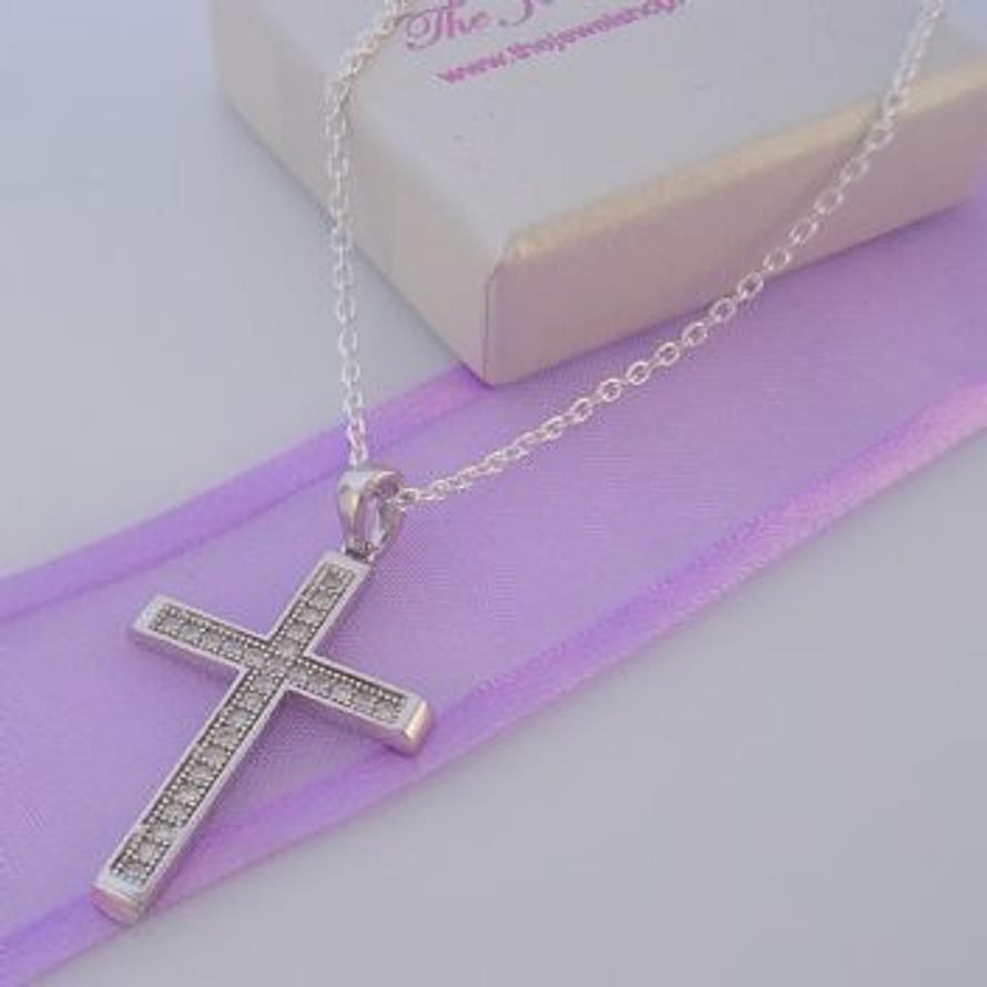 STERLING SILVER CZ 20mmx 30mm CROSS CHARM NECKLACE 45CM 925-53-701-3316