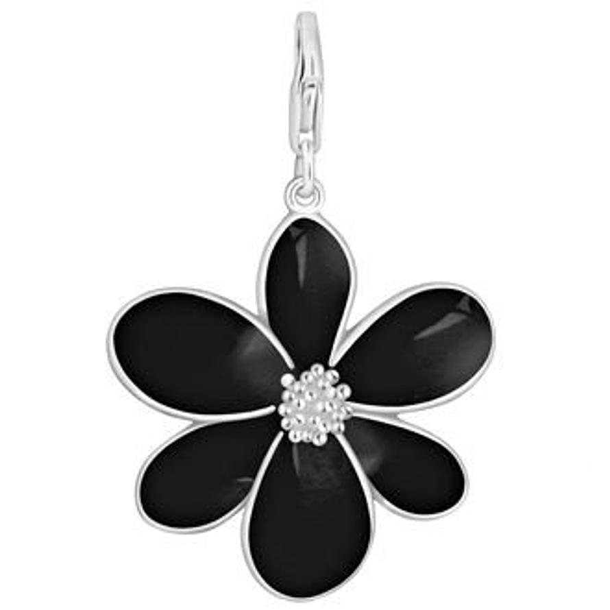 PASTICHE STERLING SILVER 28mm BLACK FLOWER HOOKED ON CLIP CHARM PENDANT QC153BK