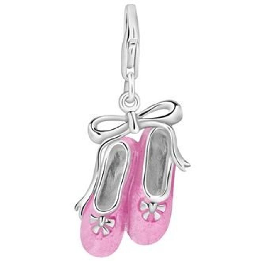 PASTICHE STERLING SILVER LARGE PINK ENAMEL BALLET SLIPPERS HOOKED ON CLIP CHARM PENDANT QC071PK
