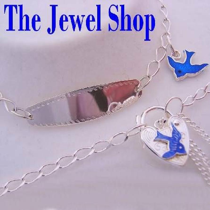 17cm ADJUSTABLE BLUEBIRD of HAPPINESS CHARM STERLING SILVER BABY to TEENAGER IDENTITY PADLOCK BRACELET