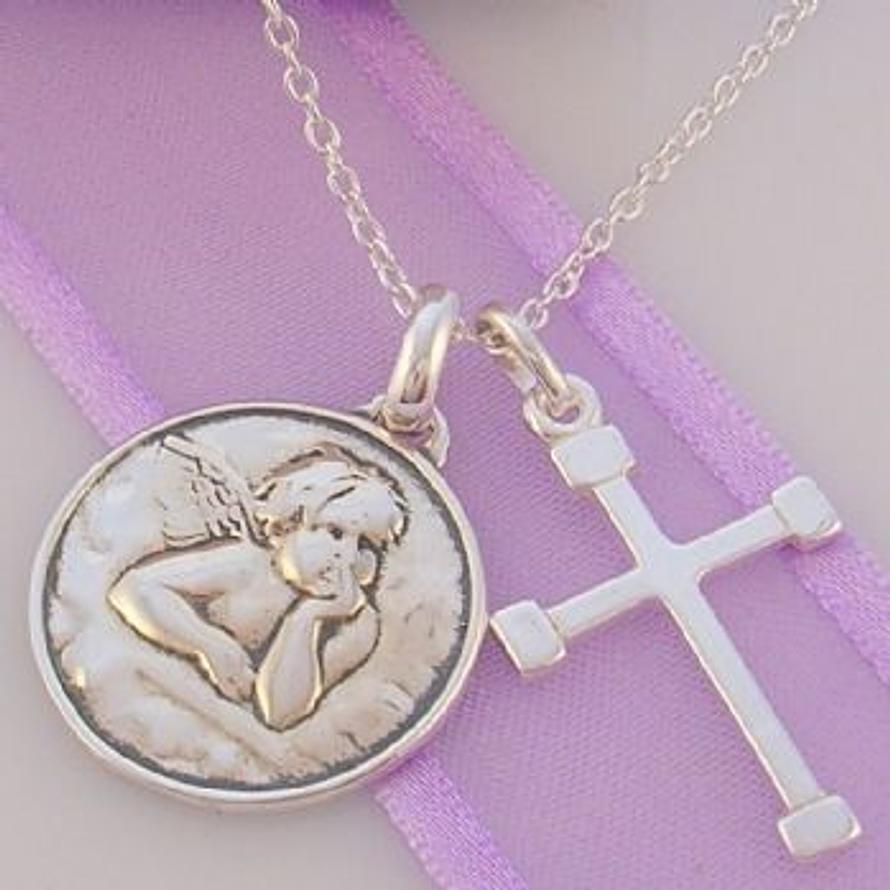 STERLING SILVER 20mm GUARDIAN ANGEL AND CROSS CHARM NECKLACE 50CM -NLET_SS_HRKB49-1231