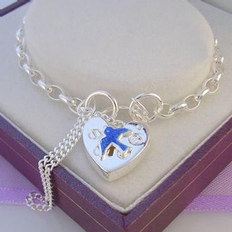 Sterling Silver Bluebird of Happiness Charm Belcher Padlock Bracelet