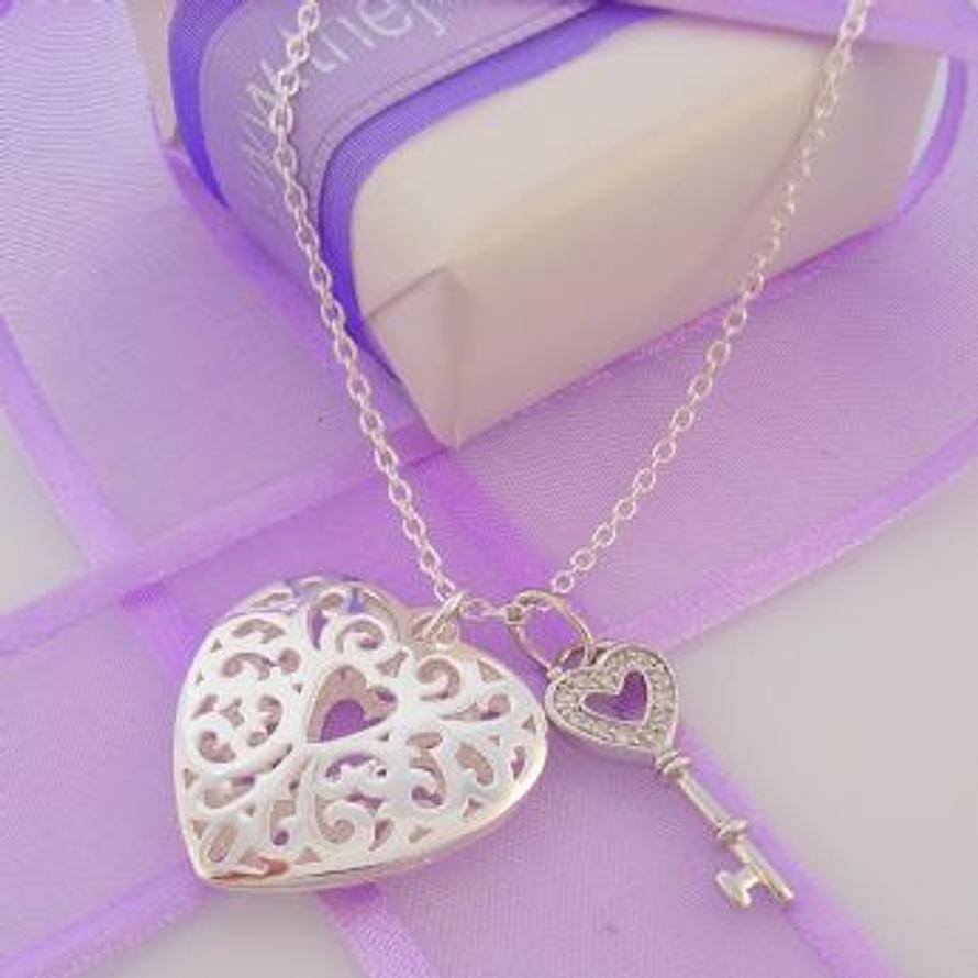 STERLING SILVER KEY TO MY HEART CHARM NECKLACE with CZ KEY & 24mm FILIGREE HEART - 925-54-706-5879-925-53-701-4324