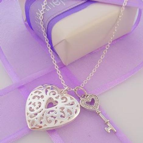 Sterling Silver Key to My Heart Charm Necklace With Cz Key Filigree Heart