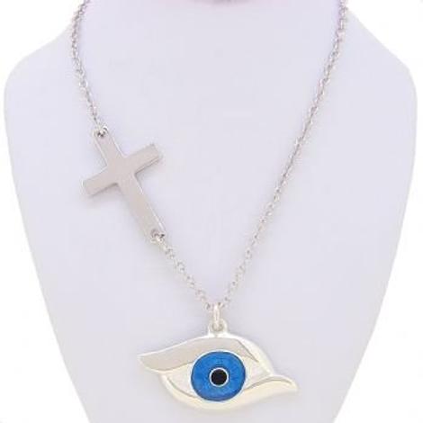 Sterling Silver Evil Eye Sideways Cross Charm Necklace