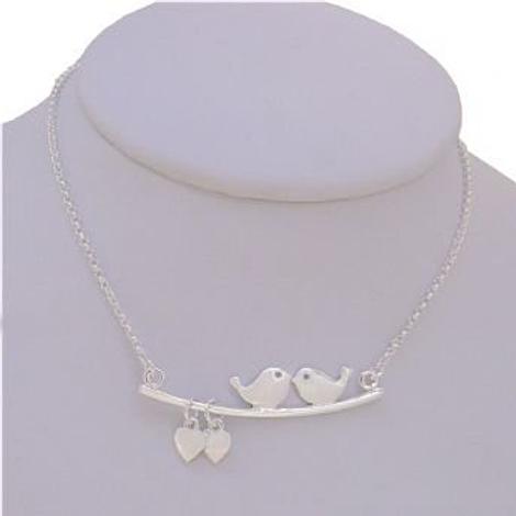 Love Birds on a Tree Branch Charm Cable Necklace Sterling Silver
