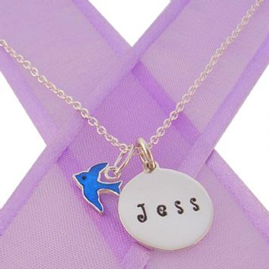 16mm PERSONALISED CIRCLE BLUEBIRD OF HAPPINESS NECKLACE -NLET-16mm-CA40-BBL