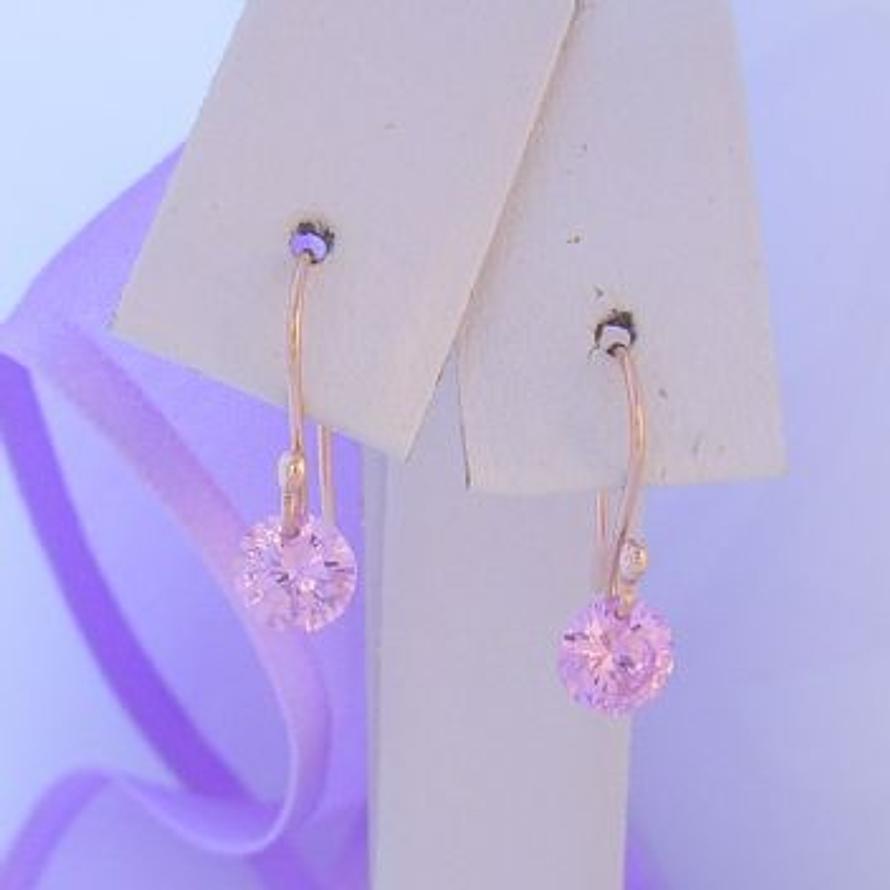 TINY BABY SIZE 9CT ROSE GOLD 5mm PINK CZ DROP HOOK EARRINGS -9R_ER_0002