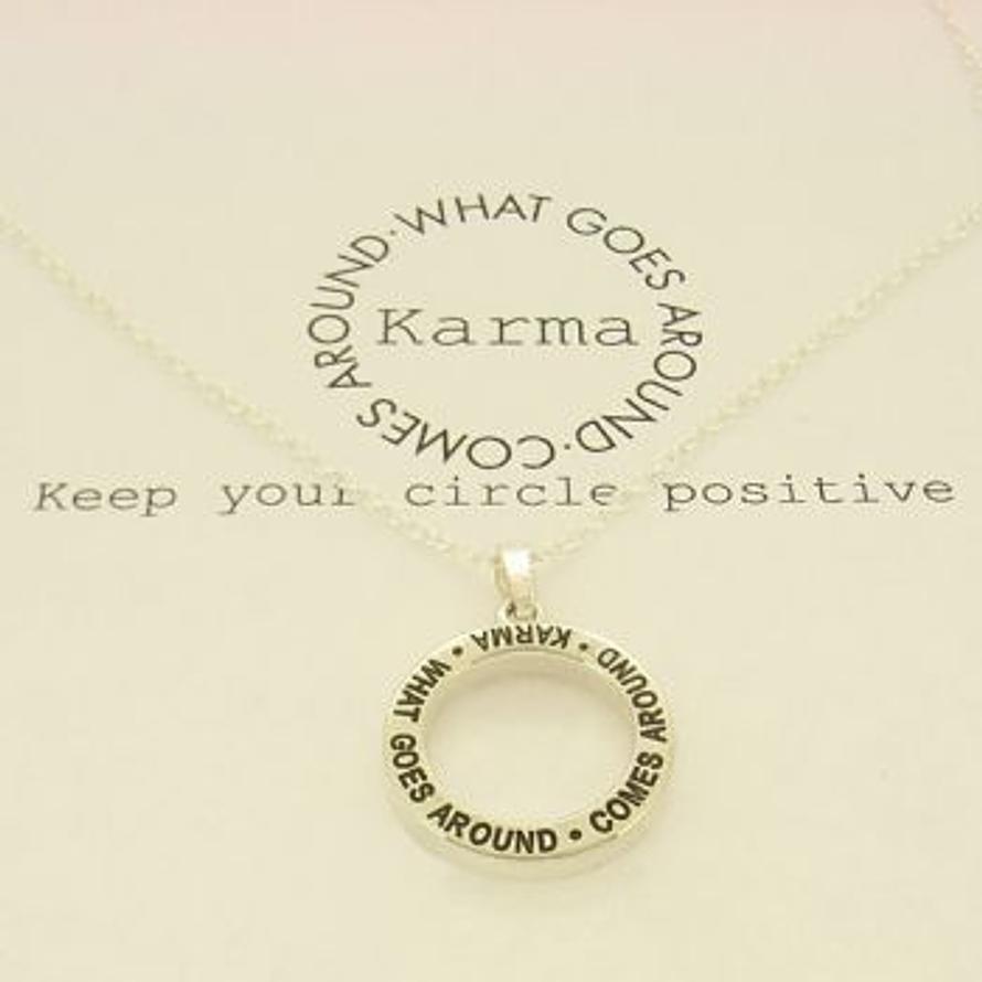 STERLING SILVER 19mm KARMA CIRCLE PENDANT NECKLACE What Goes Around Comes Around