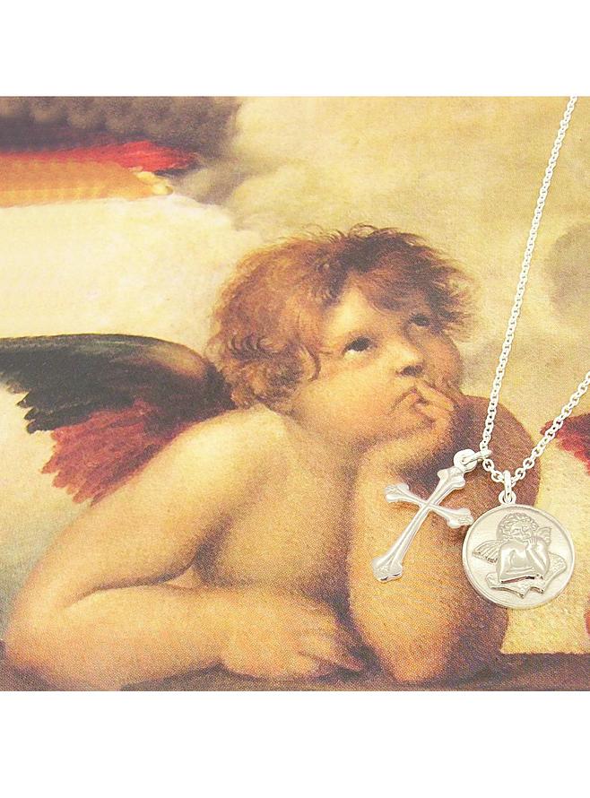 Cross Pendant and Guardian Angel Sterling Silver Necklace