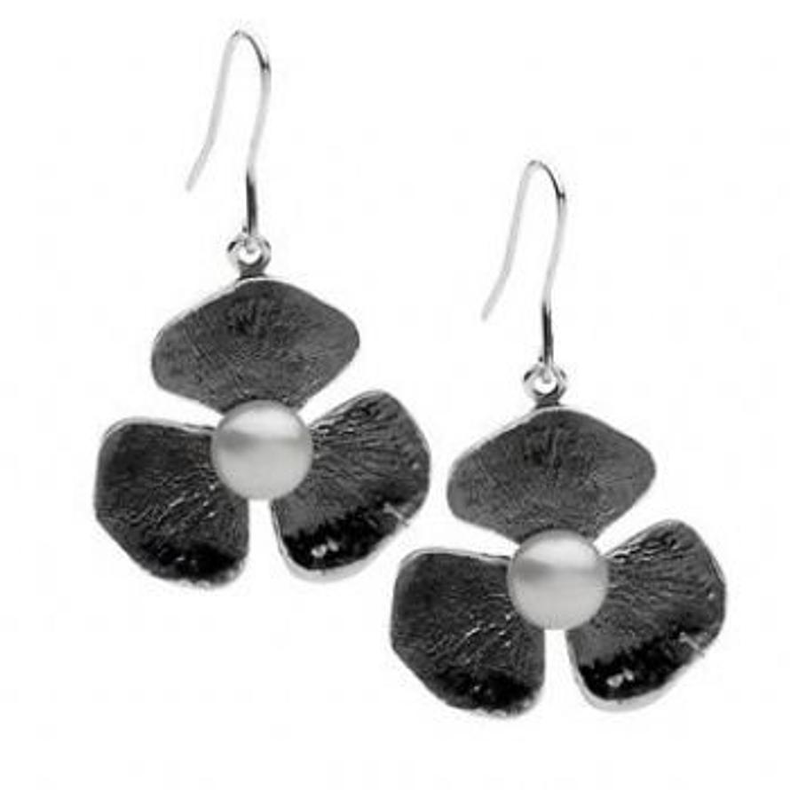PASTICHE STERLING SILVER 26mm ANTIQUE RUSTIC OXIDISED FLOWER CHARM PEARL EARRINGS -E795GOXPL