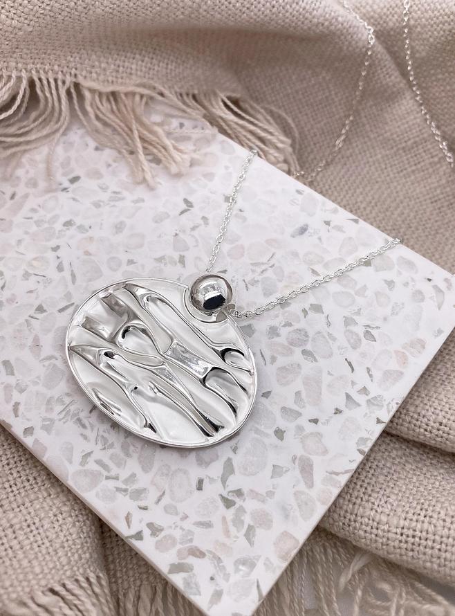 Waves of Love Sterling Silver Oval Ball Pendant Necklace