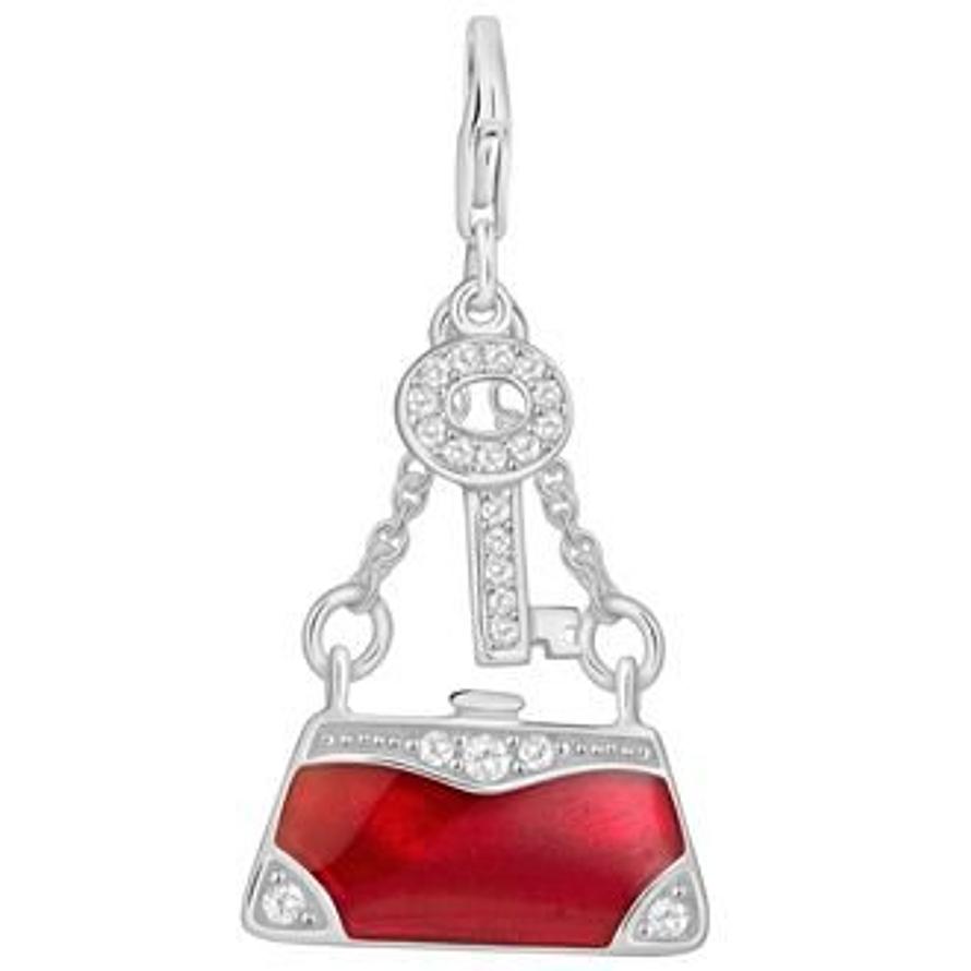 PASTICHE STERLING SILVER 22mm CZ RED ENAMEL HANDBAG AND KEY HOOKED ON CLIP CHARM PENDANT QC130CZRD