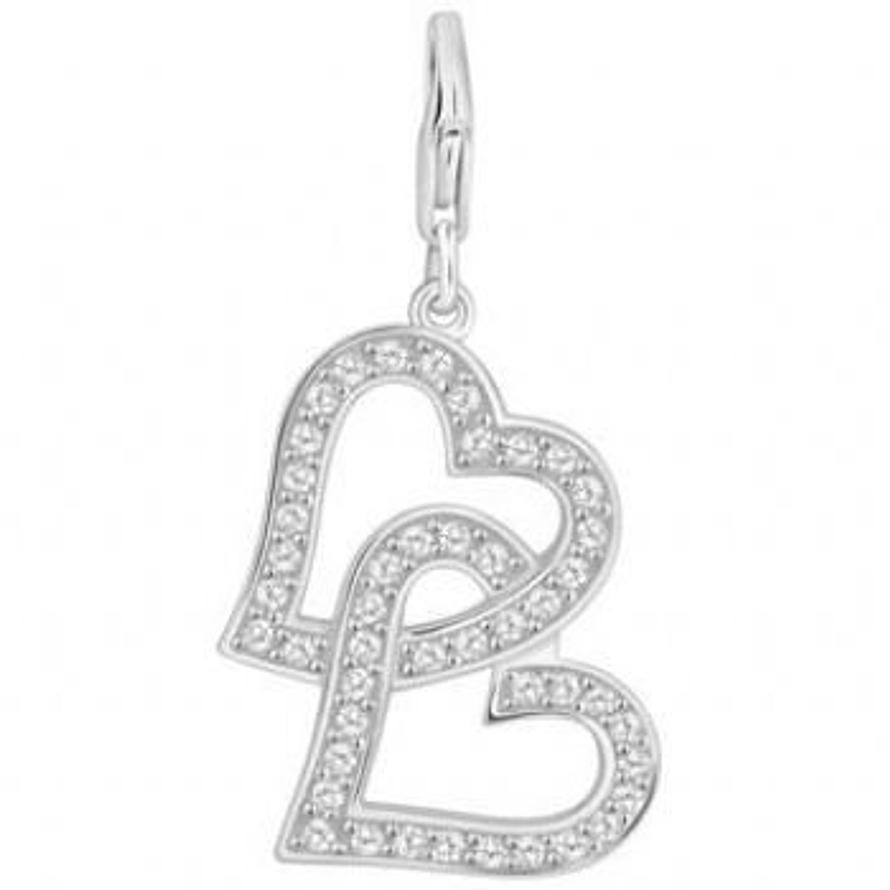 PASTICHE STERLING SILVER 30mm CZ TWIN HEARTS HOOKED ON CLIP CHARM PENDANT QC157CZ