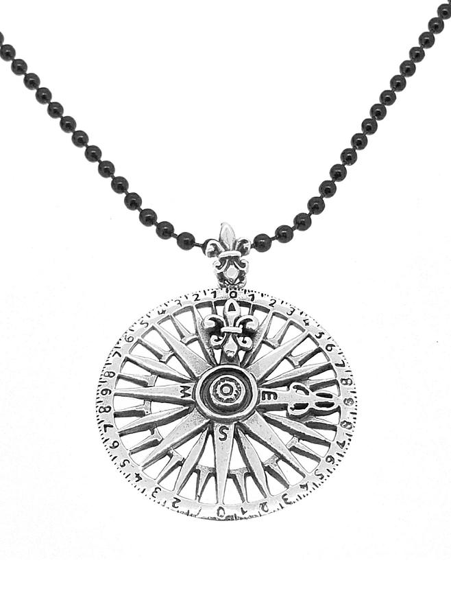 Sterling Silver Compass Charm Black Steel Necklace