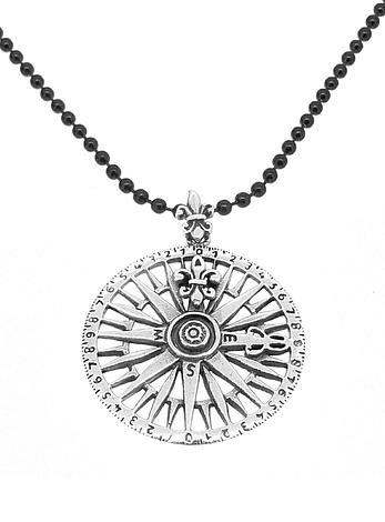 Sterling Silver Compass Charm Black Steel Necklace