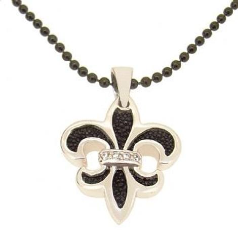 Sterling Silver Fleur De Lis Charm Black Steel Necklace