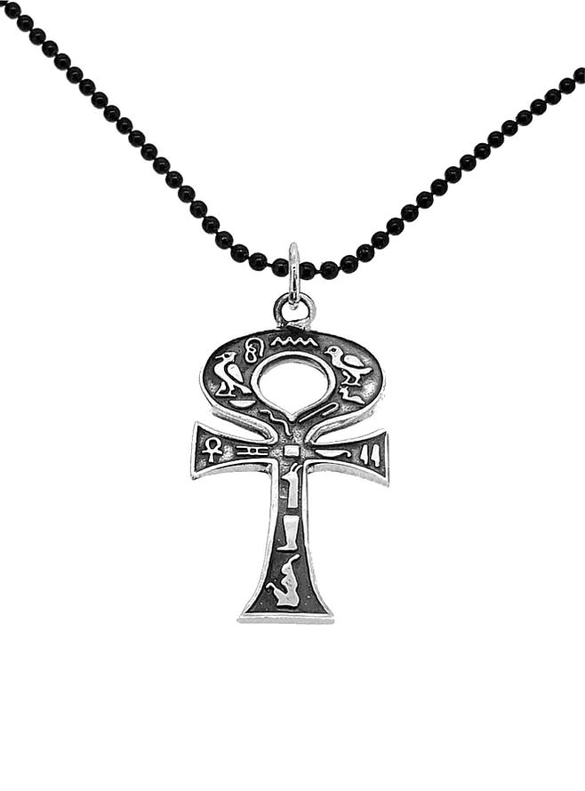 Egyptian Ankh Cross Pendant Black Ball Necklace in Sterling Silver