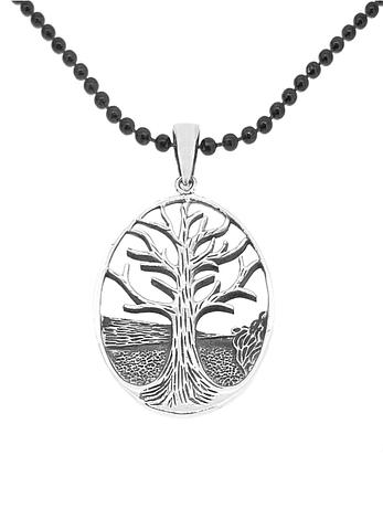 Sterling Silver Oval Tree of Life Charm Black Steel Necklace