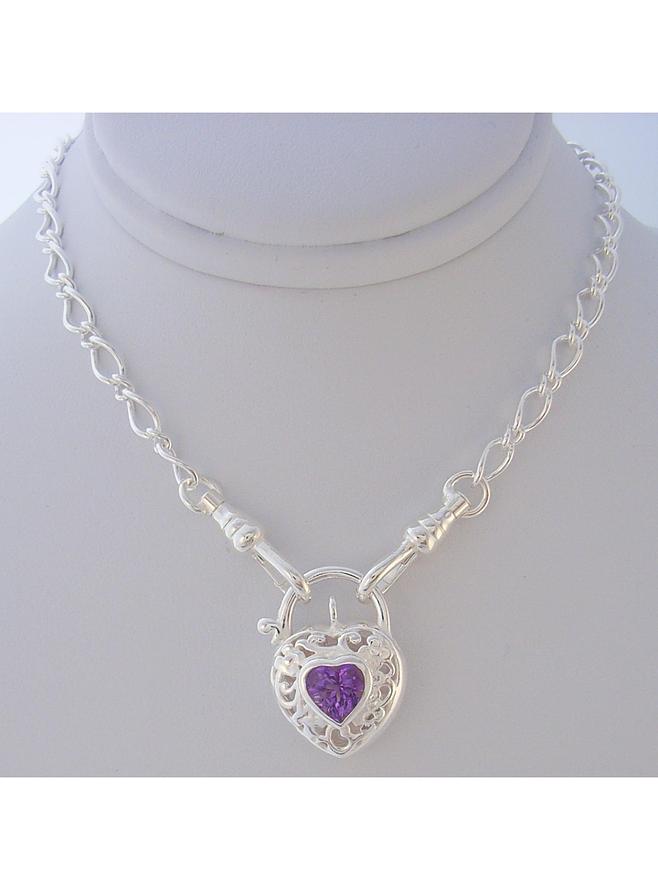 50cm Sterling Silver Amethyst Heart Padlock Necklace