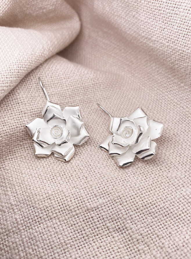 Sterling Silver Rose Flower Hook Earrings