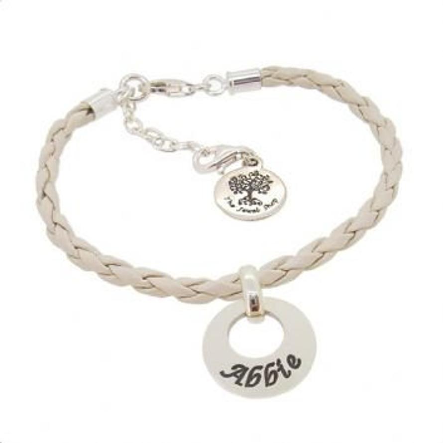 PERSONALISED STERLING SILVER 15mm CIRCLE OF LIFE CHARM LEATHER BRACELET