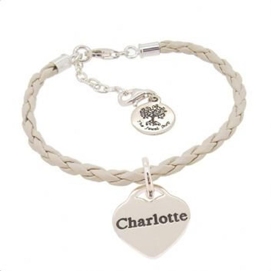 PERSONALISED STERLING SILVER 16mm HEART CHARM LEATHER BRACELET
