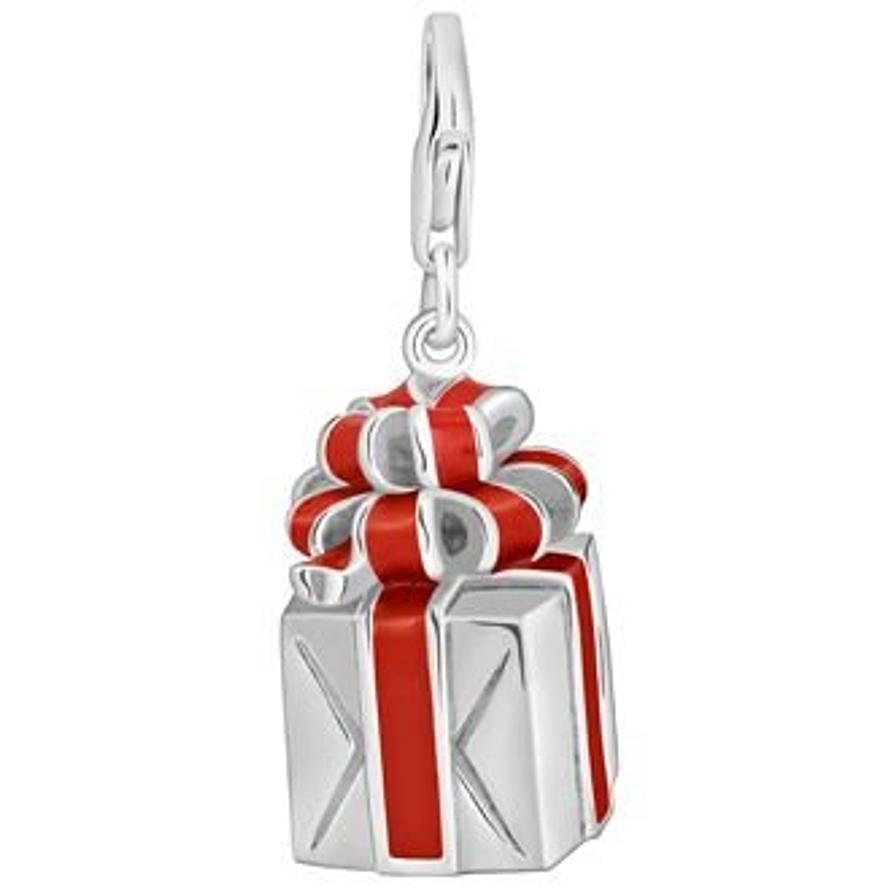 PASTICHE STERLING SILVER 12.5mm x 19mm PRESENT WITH RED ENAMEL BOW HOOKED ON CLIP CHARM PENDANT QC185RD