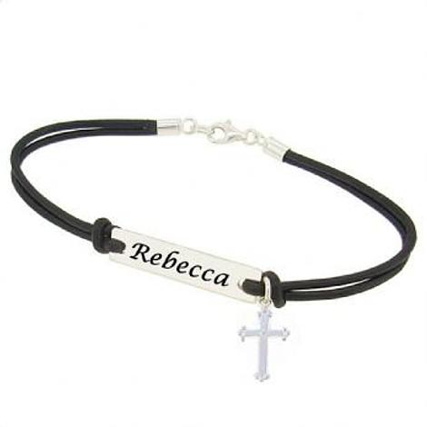 Cross Sterling Silver Rectangle Identity Message Design Personalised Bracelet Made in Sizes Baby Up to Adult