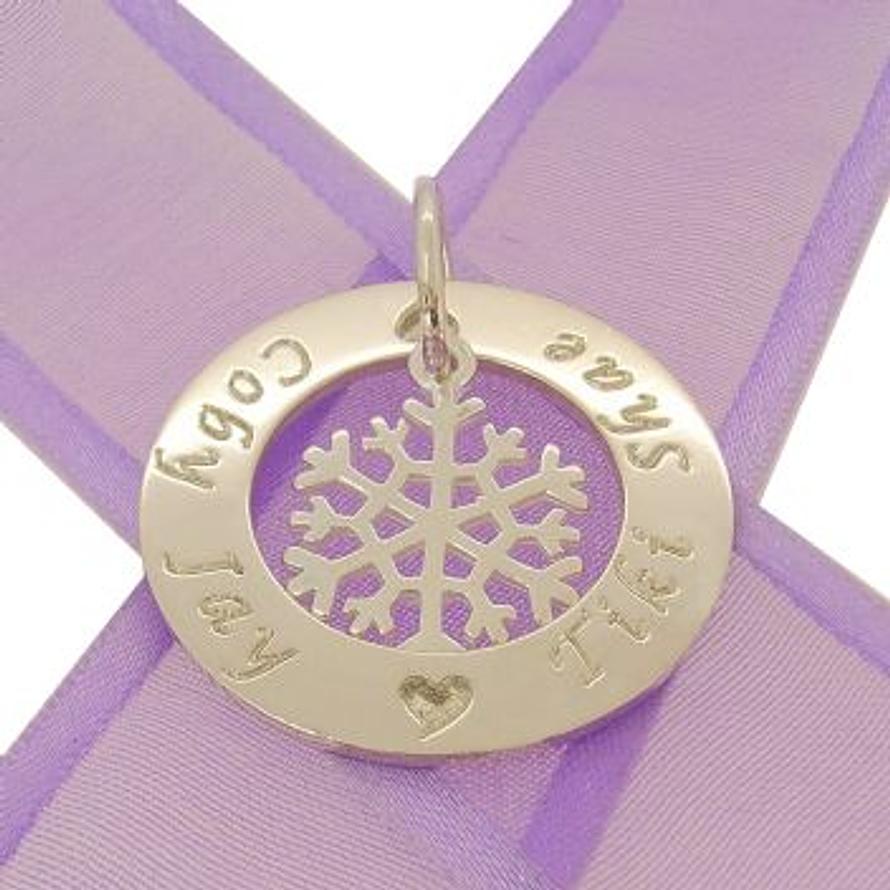 28mm CIRCLE OF LIFE PERSONALISED FAMILY NAME PENDANT & 15mm SNOWFLAKE CHARM -28mm-KB92-SS