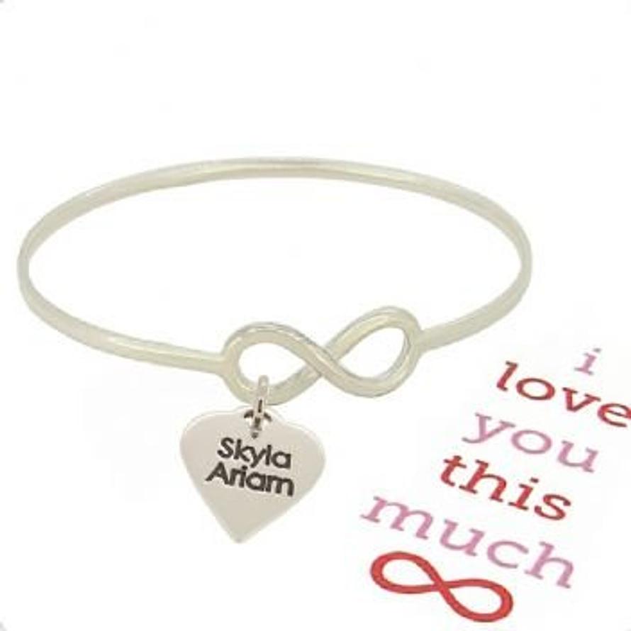 STERLING SILVER NEVER ENDING LOVE INFINITY SYMBOL DESIGN FOREVER BANGLE with LOVE HEART