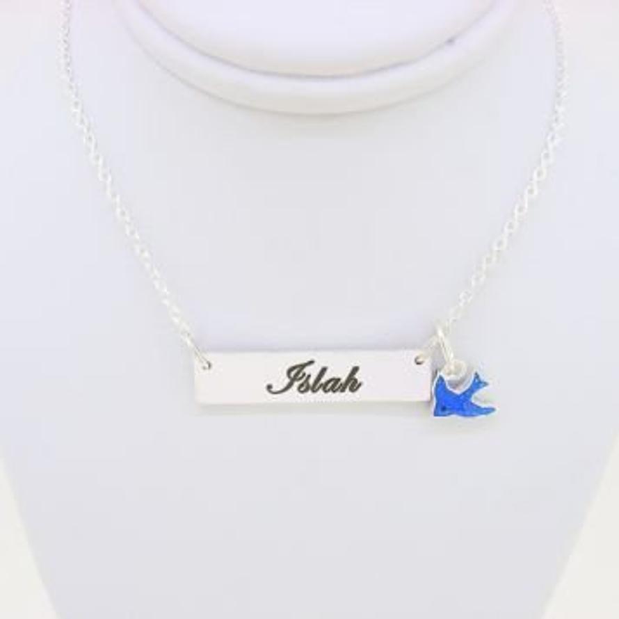 STERLING SILVER RECTANGLE IDENTITY MESSAGE DESIGN PERSONALISED BLUEBIRD CHARM NECKLACE