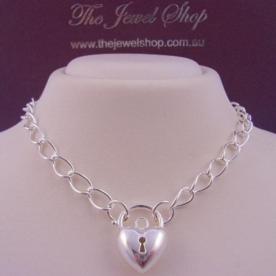 13g STERLING SILVER CURB PADLOCK HEART NECKLACE 45cm